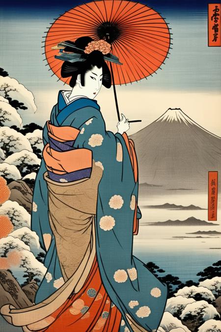 00641-769029687-_lora_Ukiyo-e Art_1_Ukiyo-e Art - Geisha Portrait, Engraving, Japanese Fashion, Umbrella, Hokusai's Panoramic View of Fuji, 1830.png